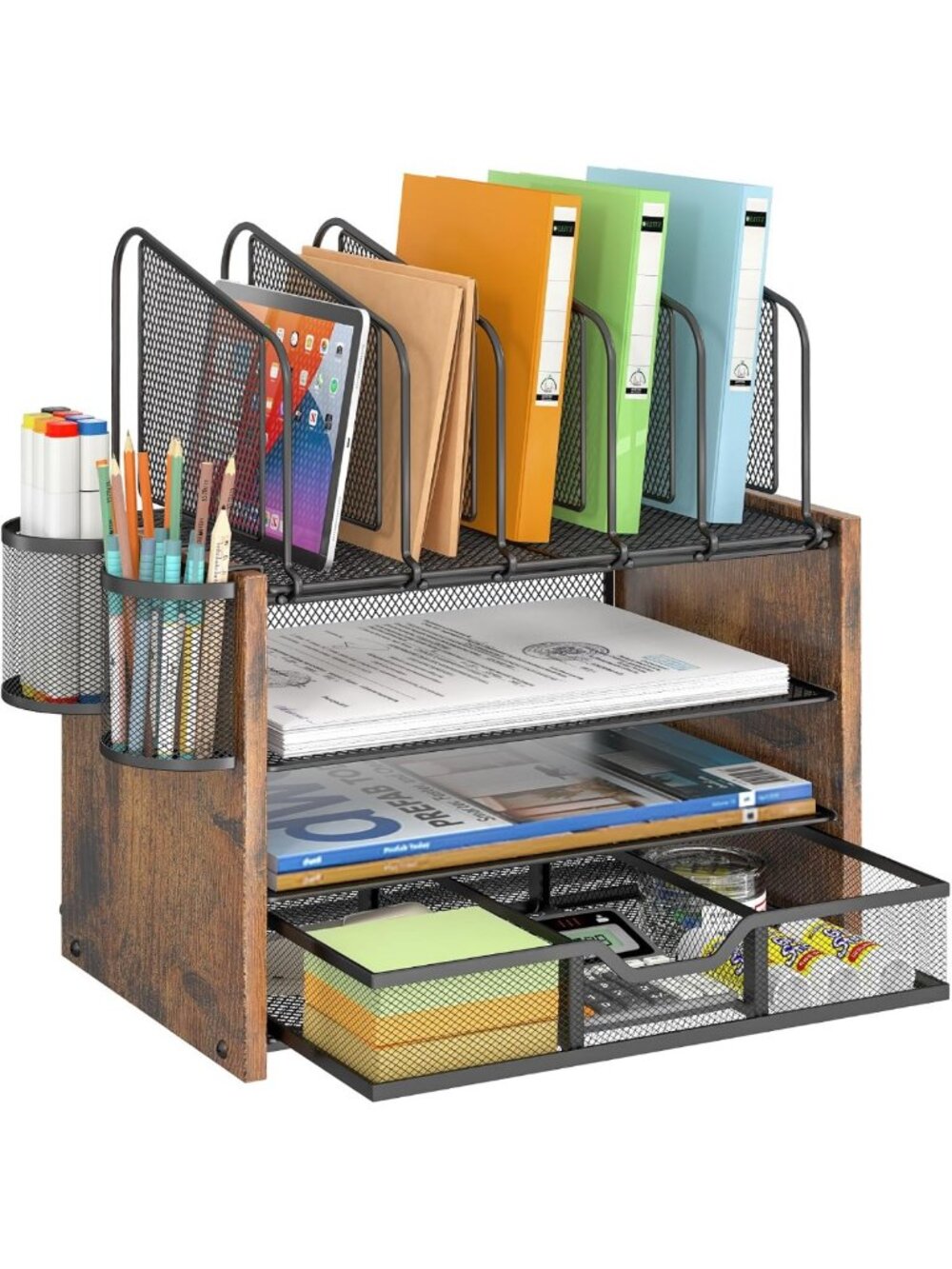 4-Tier Mesh Desk Organizer with Vertical File Holders & Pen Holders for Home